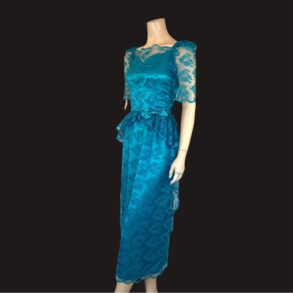 80s PEACOCK Blue LACE Peplum Puff Sleeve Formal Party Dress - Picture 5 of 8